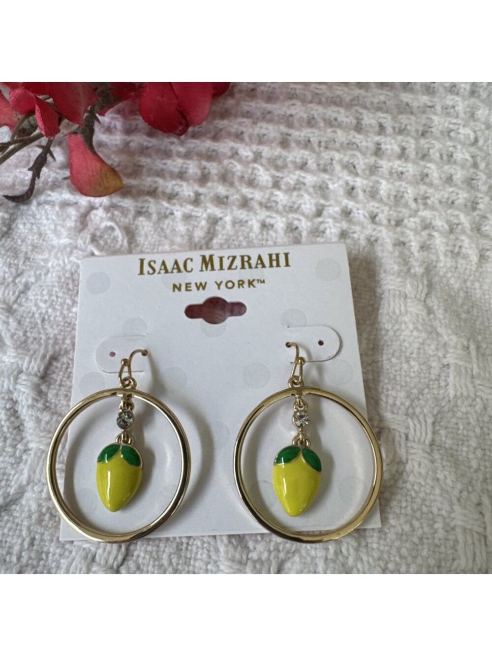 Isaac Mizrahi Goldtone Enamel Lemon Hoop Earrings Dangle 1.5" MSRP $38 NEW